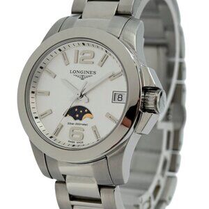 Longines 29.5mm Ladies Conquest Moon Phase Swiss Quartz SS Watch